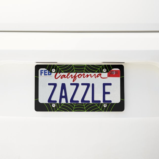 Black neon green spider web Halloween pattern License Plate Frame (On Car)