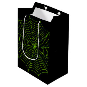 Black neon green spider web Halloween pattern Medium Gift Bag