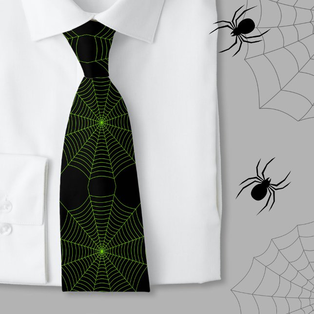 Black neon green spider web Halloween pattern Neck Tie (Creator Uploaded)