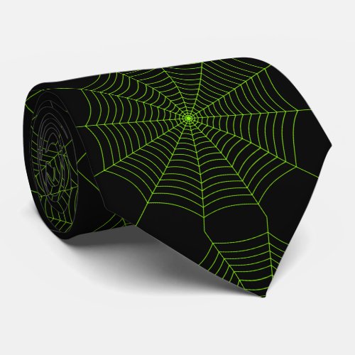 Black neon green spider web Halloween pattern Neck Tie