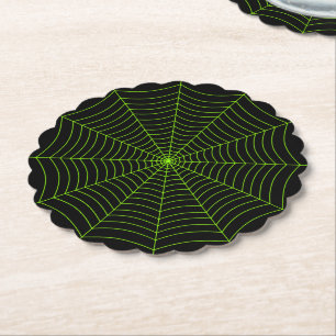 Black neon green spider web Halloween pattern Paper Coaster