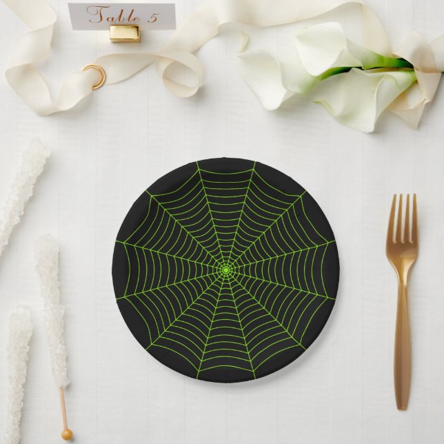 Black neon green spider web Halloween pattern Paper Plates (Wedding)