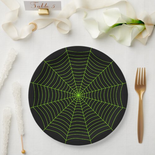 Black neon green spider web Halloween pattern Paper Plates