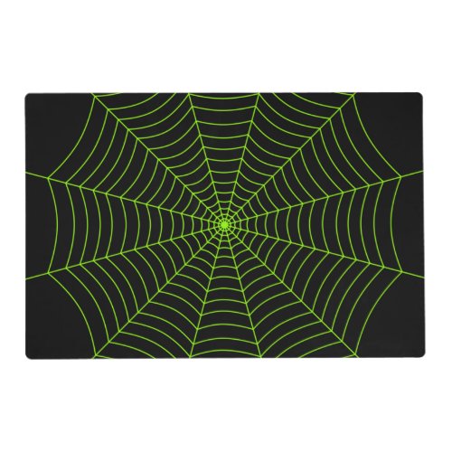 Black neon green spider web Halloween pattern Placemat