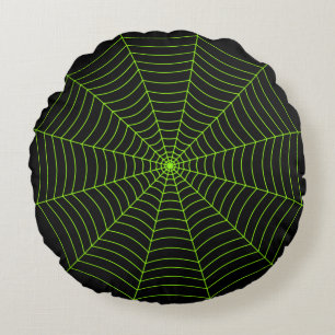 Black neon green spider web Halloween pattern Round Pillow