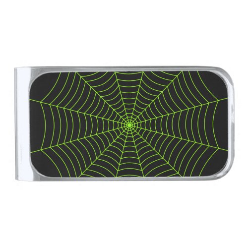 Black neon green spider web Halloween pattern Silver Finish Money Clip