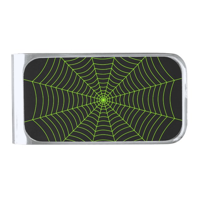 Black neon green spider web Halloween pattern Silver Finish Money Clip (Front)