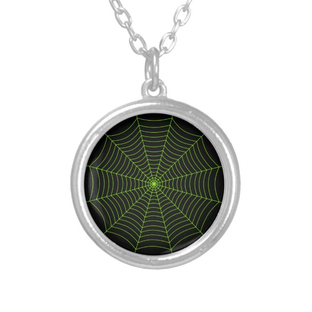 Black neon green spider web Halloween pattern Silver Plated Necklace (Front)