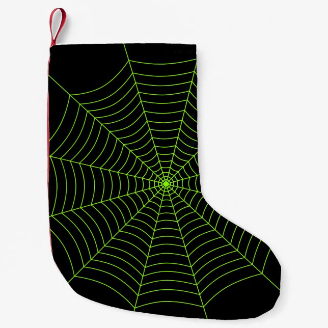 Black neon green spider web Halloween pattern Small Christmas Stocking (Front)