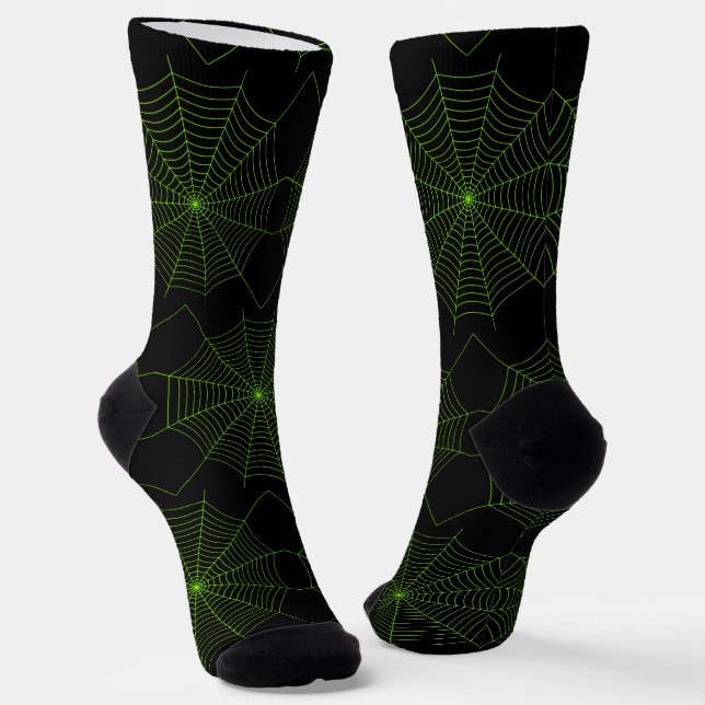 Black neon green spider web Halloween pattern Socks (Angled)