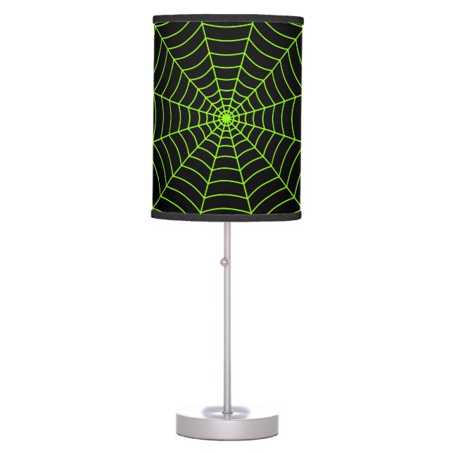 Black neon green spider web Halloween pattern Table Lamp (Front)