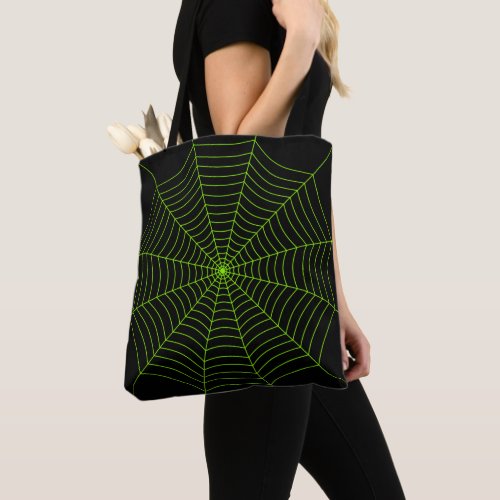 Black neon green spider web Halloween pattern Tote Bag