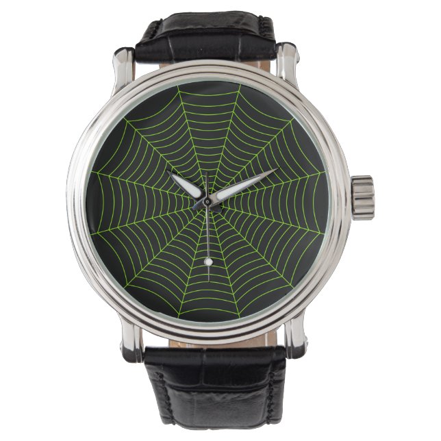 Black neon green spider web Halloween pattern Watch (Front)