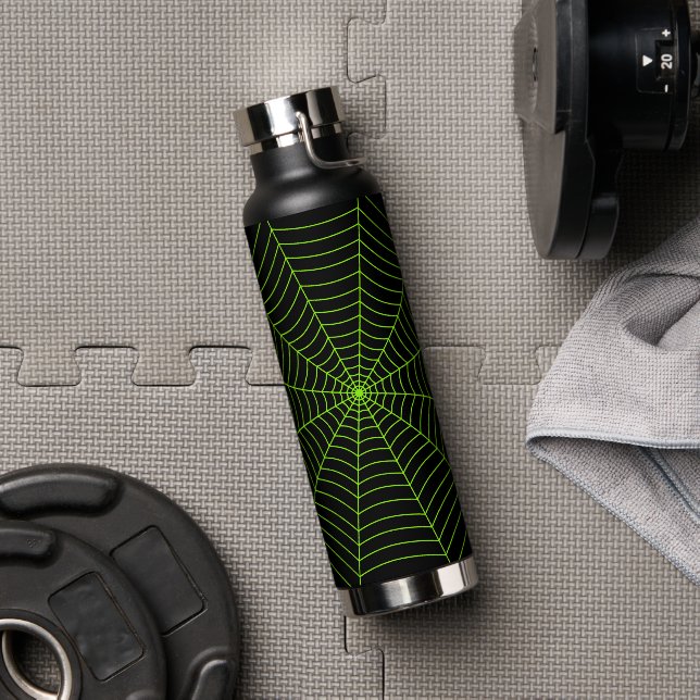 Black neon green spider web Halloween pattern Water Bottle (Gym)