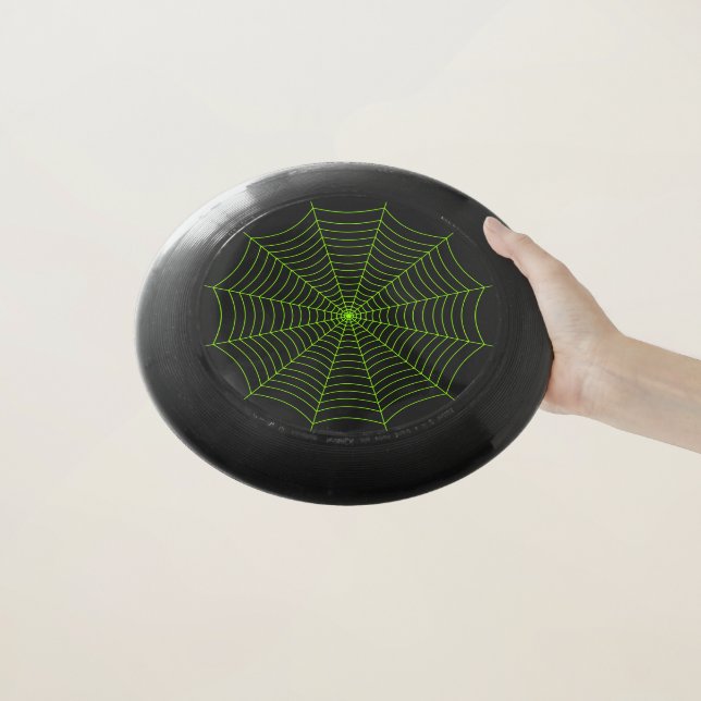 Black neon green spider web Halloween pattern Wham-O Frisbee (In Hand)