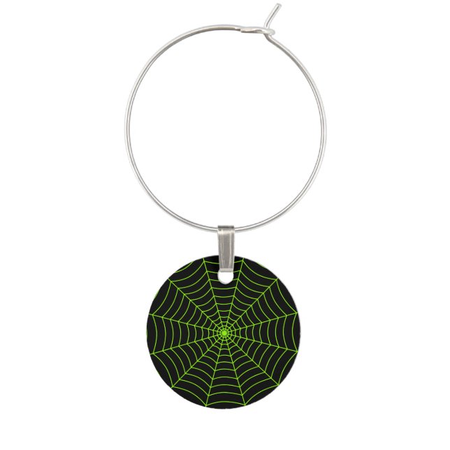 Black neon green spider web Halloween pattern Wine Charm (Front)