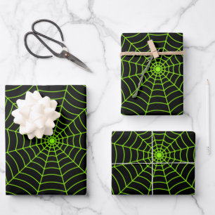 Black neon green spider web Halloween pattern Wrapping Paper Sheets
