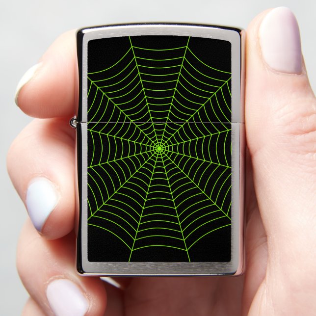 Black neon green spider web Halloween pattern Zippo Lighter (In Hand)