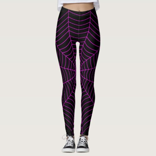 Black neon hot pink spider web Halloween pattern Leggings