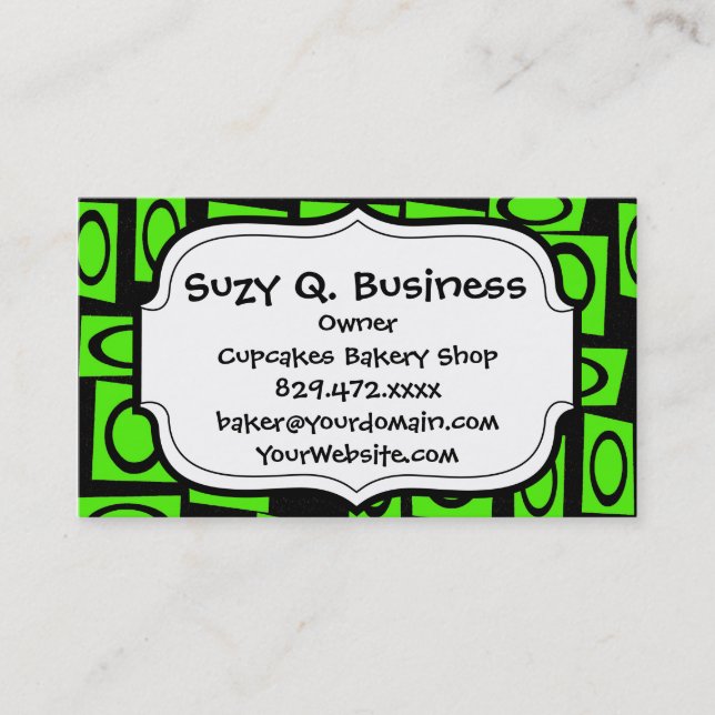 Black Neon Lime Green Fun Circle Square Pattern Business Card (Front)