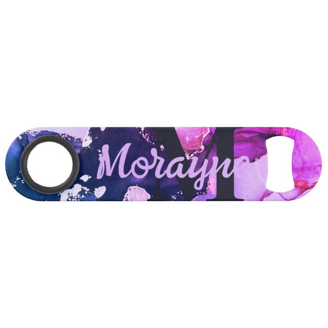 Black Neon Marble Wedding Bartender Monogram Name Bar Key (Back Horizontal)