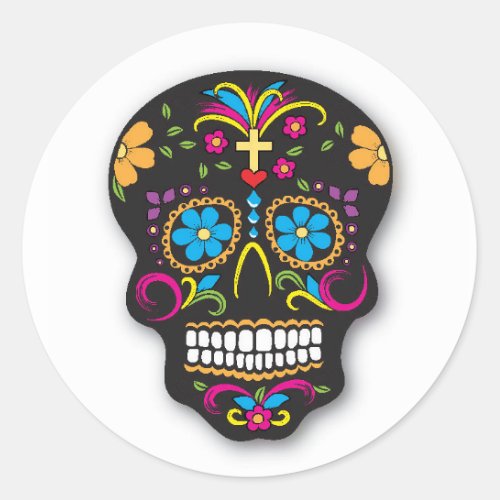 Black Neon Mexican Sugar Skull Day of the Dead Classic Round Sticker