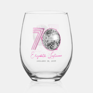 Black Neon Pink Disco Ball Forty 70th Birthday Stemless Wine Glass