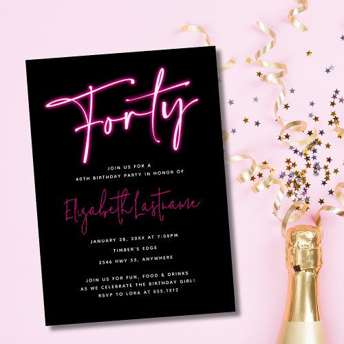 Black Neon Pink Forty 40th Birthday Invitation 