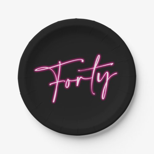 Black Neon Pink Forty 40th Birthday Paper Plates