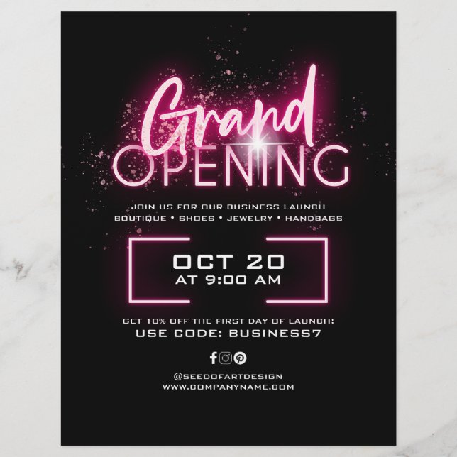 Black Neon Pink Glittery Business Grand Opening Ad Flyer (Front)