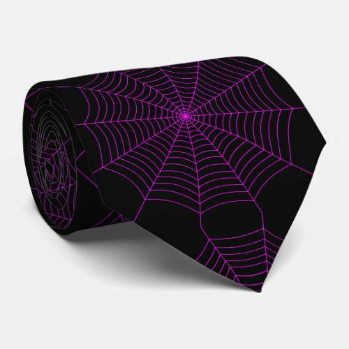 Black neon pink spider web Halloween pattern Neck Tie
