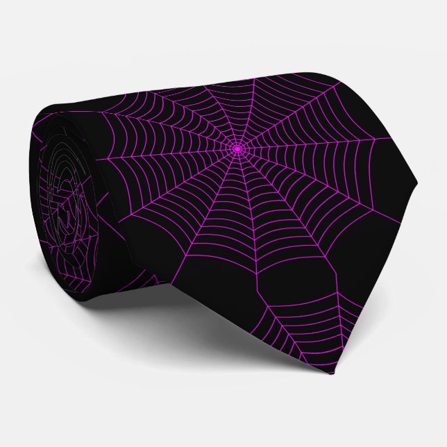 Black neon pink spider web Halloween pattern Neck Tie (Rolled)