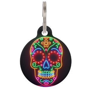 Black, neon sugar skull/day of the dead pet ID tag