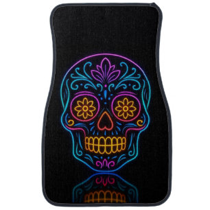 Black, neon sugar skull/day of the dead welcome car floor mat