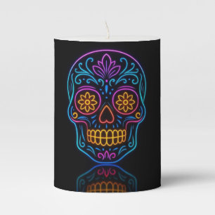 Black, neon sugar skull/day of the dead welcome pillar candle