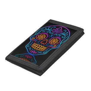 Black, neon sugar skull/day of the dead welcome trifold wallet