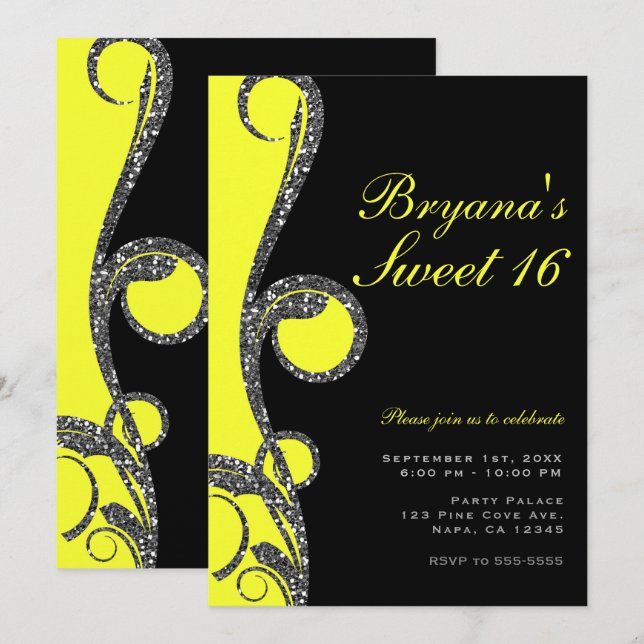 Black & Neon Yellow Glitter Swirl Sweet 16 Party Invitation (Front/Back)