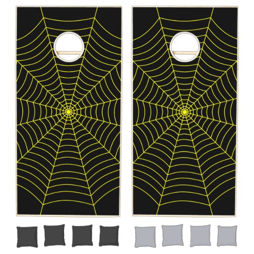 Black neon yellow spider web Halloween pattern Cornhole Set