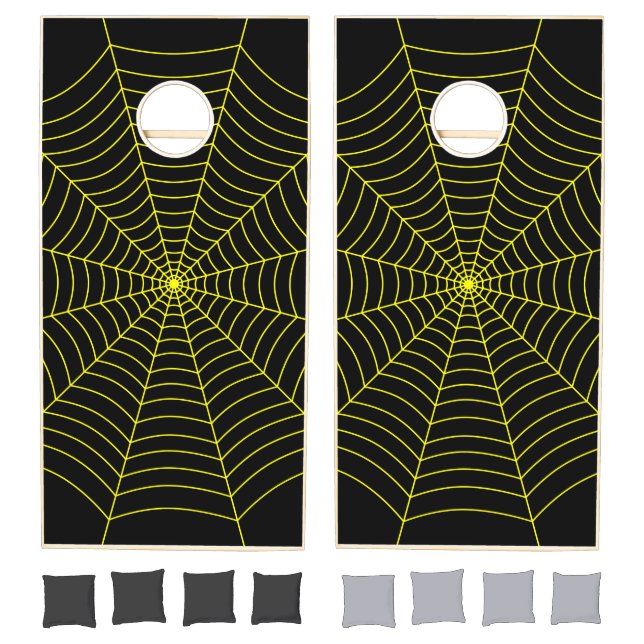 Black neon yellow spider web Halloween pattern Cornhole Set (Set)