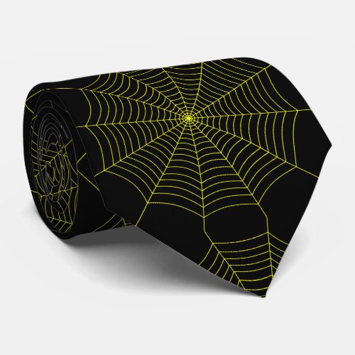 Black neon yellow spider web Halloween pattern Neck Tie