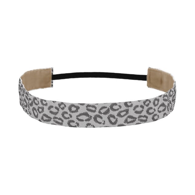 Black net lace with leopard pattern on white athletic headband (Front)