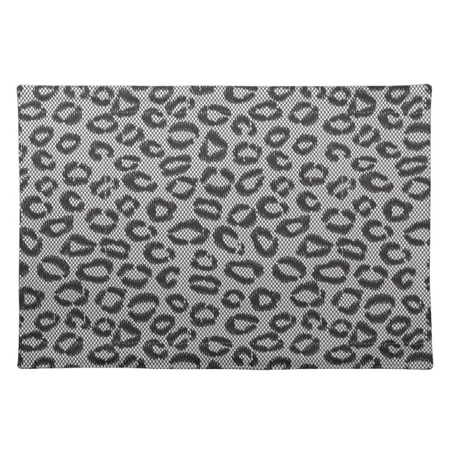 Black net lace with leopard pattern on white cloth placemat (Front)