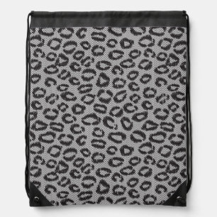 Black net lace with leopard pattern on white drawstring bag