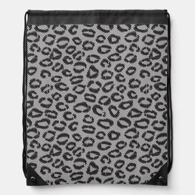 Black net lace with leopard pattern on white drawstring bag (Front)