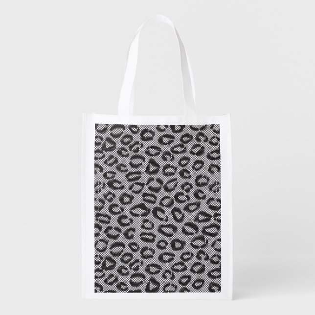 Black net lace with leopard pattern on white grocery bag (Front)