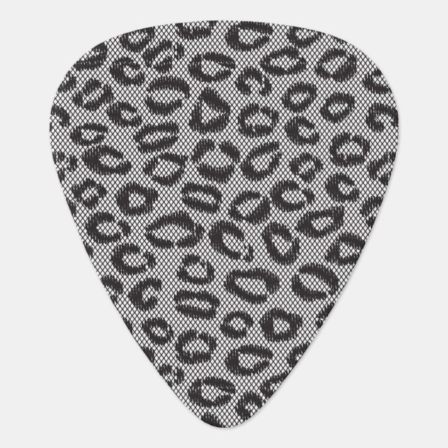 Black net lace with leopard pattern on white guitar pick (Front)