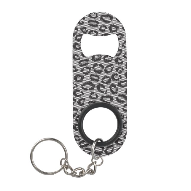 Black net lace with leopard pattern on white keychain bottle opener (Front)