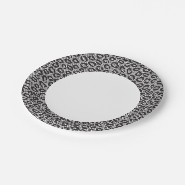 Black net lace with leopard pattern on white paper plates (Angled)
