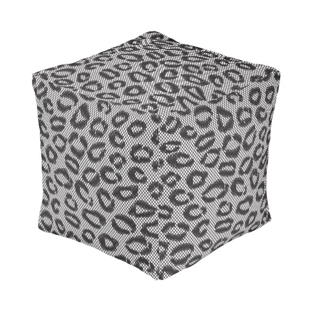 Black net lace with leopard pattern on white pouf (Angled Front)