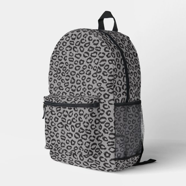 Black net lace with leopard pattern on white printed backpack (Back Corner Right)